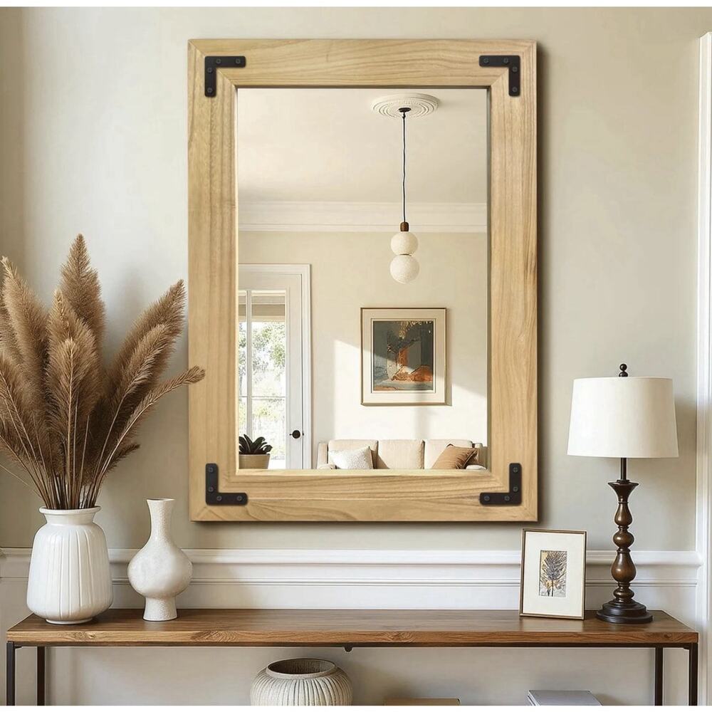 Rustic Light Brown Wood Framed Rectangle Accent Mirror Wall Mounted for Entryway